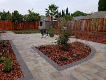 Landscaping Brand new paver patio, drought tolerant landscape with a 2 tone mulch. Customer loves their low maintenance backyard that will stay for yea