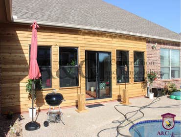 Photos by A&c Construction & Remodeling #10 Enclosing with a cedar wall current patio to create a sunroom, stamped concrete and detached cedar hip-roo