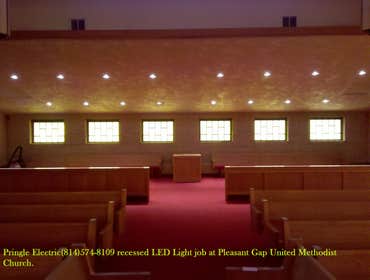 Photo(s) from Pringle Electrical Services United Methodist Church Pleasant Gap Pa 16823 led lighting install back pews