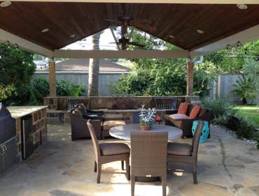 Build pergola with 2 fountains, fire pit, outdoor kitchen and cut flagstone floor