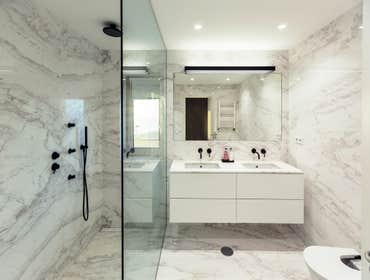 Photos by Credible Construction Inc #11 Bathroom remodel: white concept, new tile and shower door, new fixtures, completely redesigned