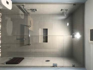 Forest Creek Steam Shower Complete remodel, replace bathtub with curbless steam shower, teak wall-mounted seat, move all plumbing & electrical, new van
