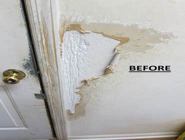 My Work: Before & After 1. Damaged Wall - Before
2.Damaged Wall - After. This job was completed the day after I arrived.
All of the taping and coats w