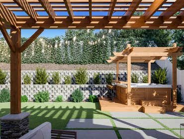 Photos by Continental Remodeling #10 Complete backyard remodel with jacuzzi framing and installation. Stone pillars around trees and stone planter box.
