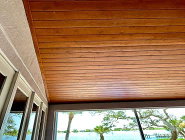 Ceiling Cedar Planks Installation New cedar planks on your outside ceilings really make a difference! Turn your plain old ceiling into something you ca