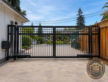 Custom Automatic Dual Swing Steel Driveway Gate Installation in San Jose, Califo This custom dual swing steel driveway gate was fabricated and installe