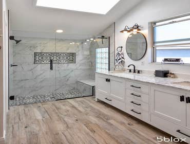 Bathroom Remodel In Los Alamitos, CA (Before - After) Marble look porcelain tile!
The design idea behind this bathroom was to create contrast of light 