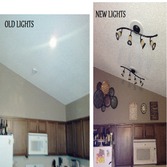 Selleck Project This client had a very dark kitchen. The fixtures she chose add great interest to her vast ceilings, as well as brightening the space