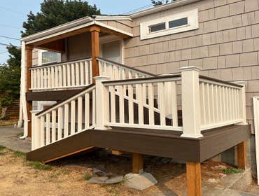 Deck Remodel Durable decking, weather-resistant finishes, sustainable building practices.