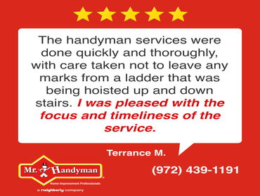 Photos by Mr. Handyman of Frisco #1 Showcasing reviews from local homeowners about the great work done by our Frisco Handyman team!