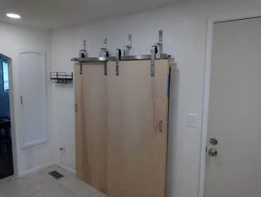 Panty barn door install Remove old panty door and hinges, installed backing and installed new panty barn doors