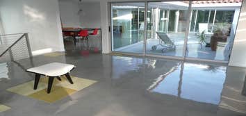 Newport Beach Custom Home A Family buying an Modern style Home wanted to get concrete flooring to replace the existing Saltio Tile, complete the look, 