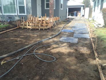 Lakewood, CA Front landing and steps, driveway, back yard, stamped concrete.