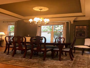 Dining Room Molding & Chandelier Crown molding was added to this Dining Room, both inside the box ceiling (lower molding) and the second run along the 
