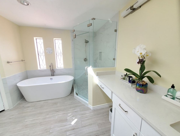 Photos by Trublue House Care of Allen #20 Full master bath remodeling. New bigger shower, freestanding tub, panel glass, flooring, vanity, countertop, 