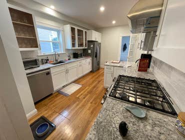 Photos by Kyle Matthew Construction #2 New kitchen and half-bathroom. Custom cabinets designed, built and installed by us. Brand new Boothbay Blue Hard