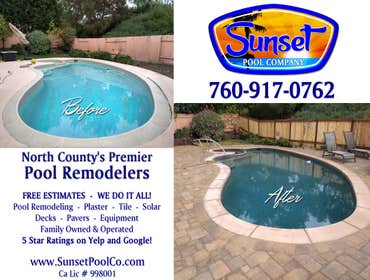 Sunset Pool Co Photos Recent projects by Sunset Pool Co. including solar, rust stain repair, resurfacing (replastering a pool), tile cleaning & repair,