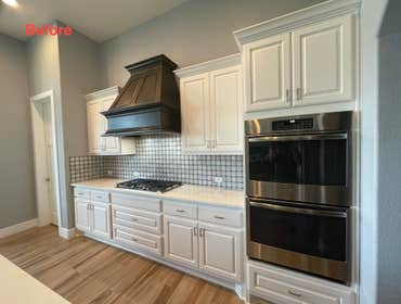 Photos by Austin Fine Finish Painting LLC #1 46 Piece Cabinet repaint. Benjamin Moore Satin Impervo color matched to SW Tricorn Black. Photos taken d