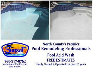 Sunset Pool Co Photos Recent projects by Sunset Pool Co. including solar, rust stain repair, resurfacing (replastering a pool), tile cleaning & repair,