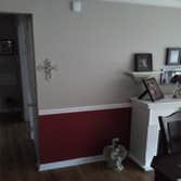 Dining room makeover Dining room: We added new base, chair rail, stop trim at the top of the wall. Paint, white, cranberry, beige, and gloss white trim