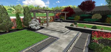 Photos by Reliable Landscaping & Design LLC #2 Full backyard installation. Pergola, Terraces , In ground Trampoline, Pavers , Steps , Lighting , Trees 