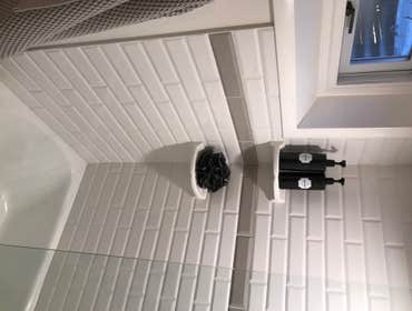 Beveled edge subway tile shower, Roseville, MN