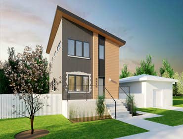 Skokie Addition / Remodel An addition and complete home remodel project features a sleek modern appearance with a single sloping roof line and stained 