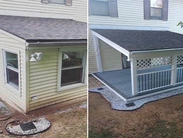 Photos by Lukes Landscaping and Hardscaping LLC Old sunroom renovation into a deck with a pvc trim out and awning