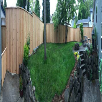 CONTINUOUS FENCE WRAPPING HOUSE CUSTOM HAD US REMOVE OLD CEDAT BOARDS AND ISE EXISTING POSTS, WHICH NEEDED ATTENTION AND TO BE RE-PLUMBED. WAS ASKED TO