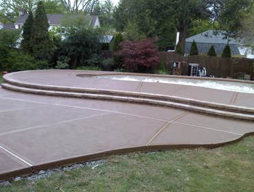 Installation of concrete Patios around of In-ground swimming Pools. Pools Patios which can be: Regular, Creative Stamp Designs, Kool Deck, Color-Dye Co