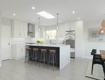 San Mateo Kitchen Remodel Removed load bearing walls and a central fireplace, installed new floors, level 5 skim coat, new custom cabinets, high-end ap