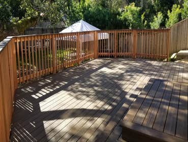 Trex® deck and redwood picket railing