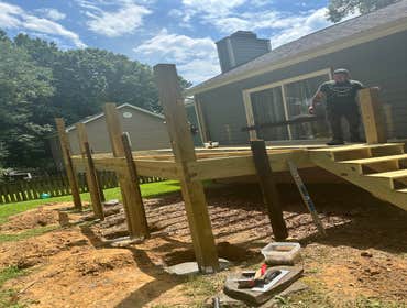 Photos by Peak Resolutions Group #19 12X20 Deck - Steps - Boxed Handrails - Tan Gravel at Steps - Edison Lights