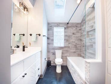 Master Bath Remodel Took bathroom down to studs, vaulted the ceiling, installed a skylight and built the bathroom back out.