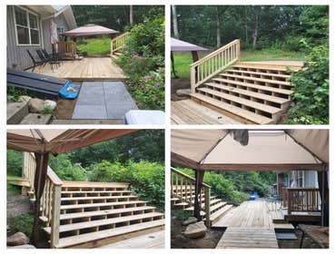 2 Tier deck with 10' wide staircase 2 Tier deck with 10' wide staircase. This project took a lot of elbow grease. We moved loads of rocks and ledge to 