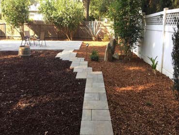 Landscaping Brand new paver patio, drought tolerant landscape with a 2 tone mulch. Customer loves their low maintenance backyard that will stay for yea
