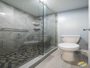 Gray Mosaic Bathroom Renovation Who doesn’t love gray? ?  Showing you another successful bathroom project we completed in Rotonda, VA.
We matched this