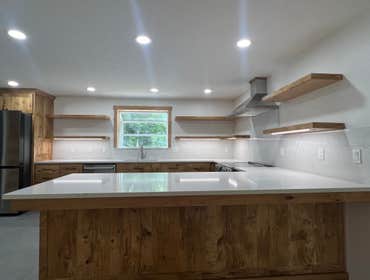 Photos by Oscar Tile LLC #3 Full Kitchen Remodel
Custom Cabinets with Oregon Rustic White Oak
Custom Shelves with LED Strips Lighting
Heated Floor