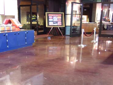 Liquidtile Chroma-Crete XL System Custom coloration and logo application at Cinetopia Theaters in Vancouver, WA