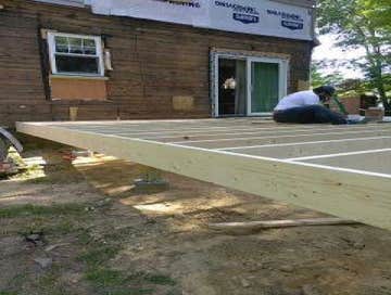 Photos by Hussey Construction Inc #3 Demo existing deck, Build 25x25 room on big foot footings.
Insulate , Electrical, T&G beadboard and trus beams.