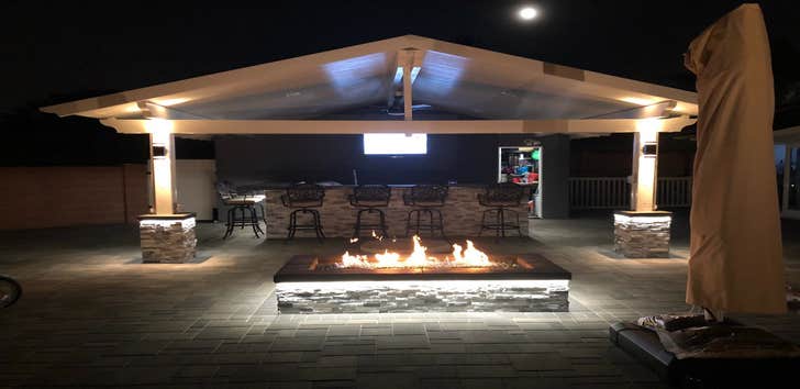Photos by Ocean Pacific Patios #1 Alumawood patio cover, BBQ island and fire pit and pavers