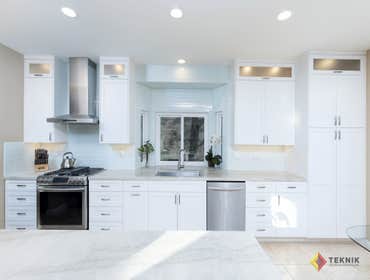 Shaker Style Timeless Kitchen & Fireplace This sweet home owner wanted to keep cohesion with her tan and travertine colors existing throughout her hous