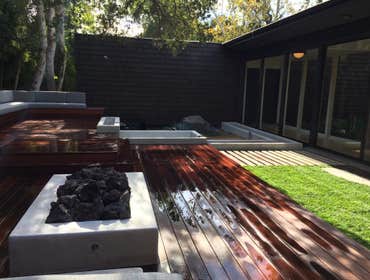 Backyard renovations Check out this gorgeous backyard renovation. Tea garden, wood deck and waterfall