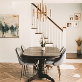 Dining Room Design Included the refinishing of a sentimental dining room table, dining chairs, artwork, lighting and flooring.