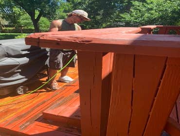 deck strip and restajn power wash and strip original finish then recoat nearly 800sqft with cedar tone solid color stain