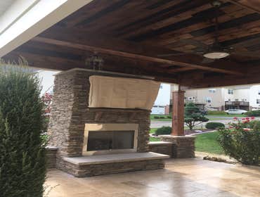 Gas fire, roof & travertine
