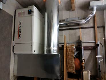 Custom indoor 7.5k generator install Remove existing Onan generator and tranfer switch. Install new 7.5k dual fuel Generac genset. Rewire service pane