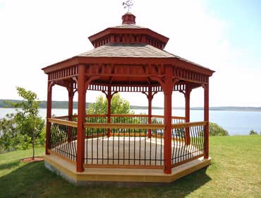 Lake Keystone Gazebo 16 X 16 Wood Gazebo with Parquette Floor,Pagoda Roof,Cuppola, Weather Vane and Custom Rails