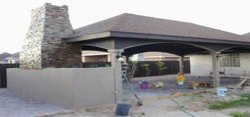 PROJECT FROM ARJONA REMODELING Outdoor palapa includes a chimney made of stone and stucco. The chimney also has a sink on one side and on the other the