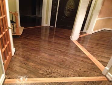 Hardwood floor refinishing in Lawrenceville, GA - Webb Gin House area Hardwood floor refinishing project in Lawrenceviie, GA. FLoors were stained with 
